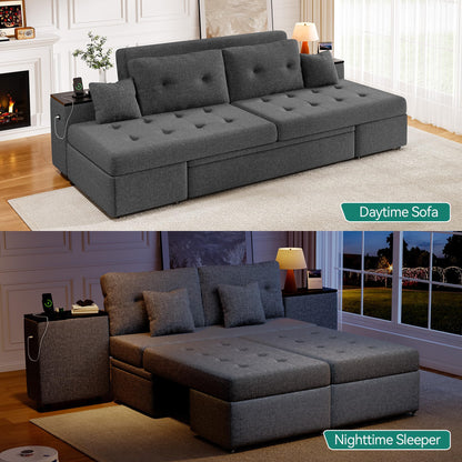 DWVO Queen Size Sofa Bed, 5-in-1 Multi-functional Convertible Sleeper Sofa with 2 Storage Cabinet Nightstand & USB Ports, 100" Sectional Sofa Couch with 2 Comfy Pillows for Living Room Apartment, Grey