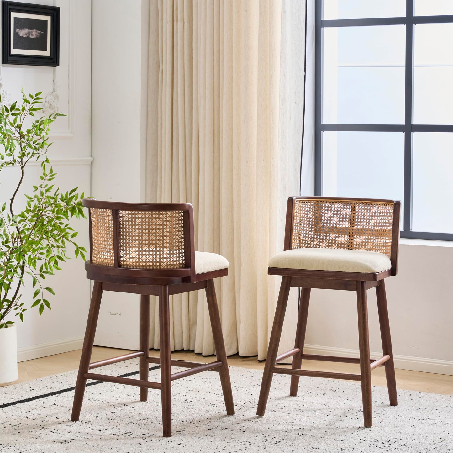 Christopher Knight Home Aphe Counter Height Bar Stools Set of 2, Fabric Upholstered Bar Stool for Kitchen Island, Rubberwood Counter Stools with Woven Rattan Backrest, Beige + Dark Walnut