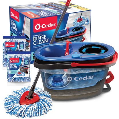 O-Cedar RinseClean Spin Mop & Bucket System + 2 Extra Mop Heads| Clean with Water | Removes 99% of Bacteria
