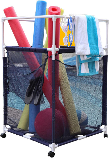 Essentially Yours Rolling Pool Noodle Storage Organizer Bin, Standard Noodle Holder (25.4" W x 26" L x 40.5" H),