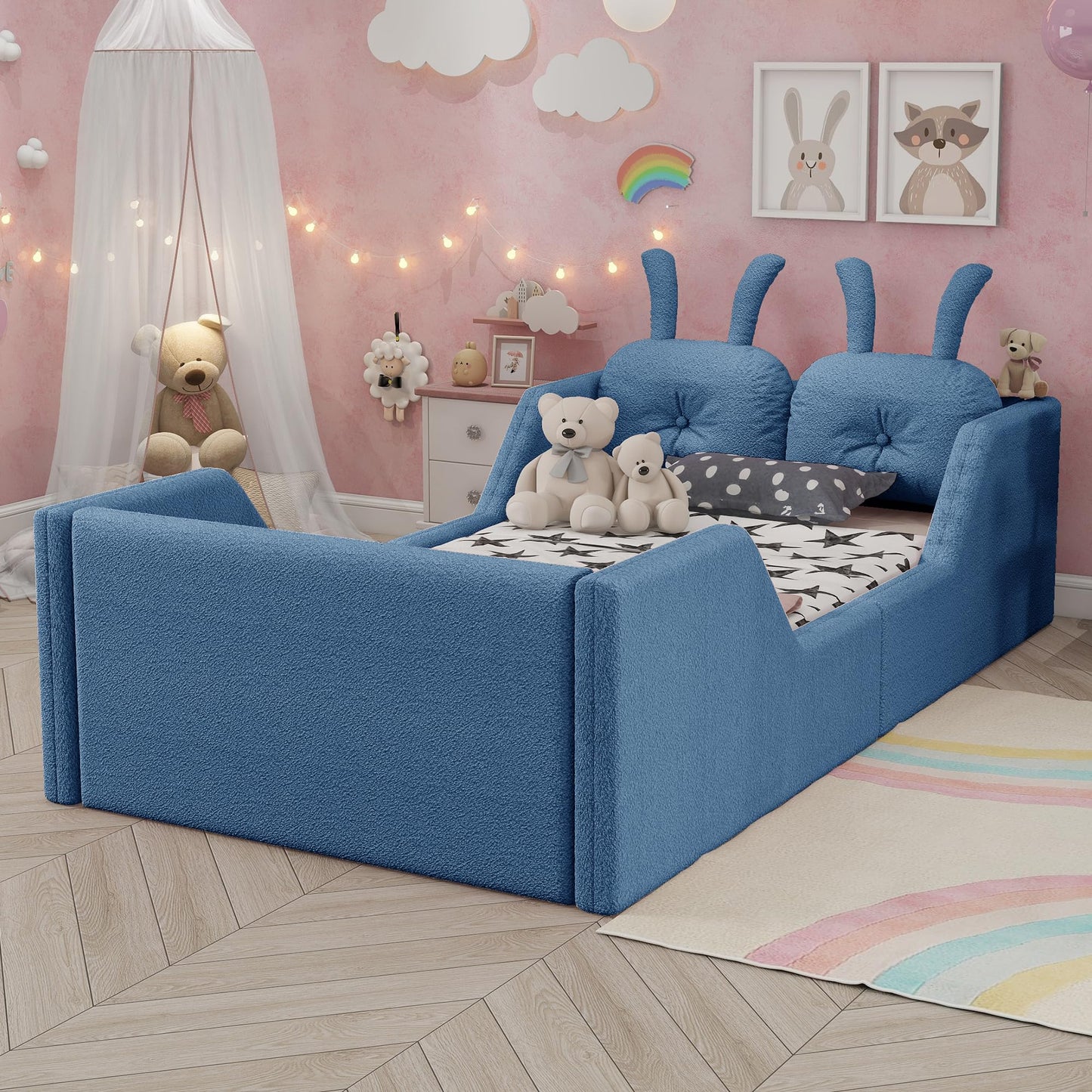 KEIKI Twin Size Upholstered Platform Bed, Kids Floor Bed Frame with Rabbit Shaped Cushion, Cute Bed Frames Twin for Boys Girls, Safety Rails & Wooden Slat, No Box Spring Required, Easy Assembly, Blue