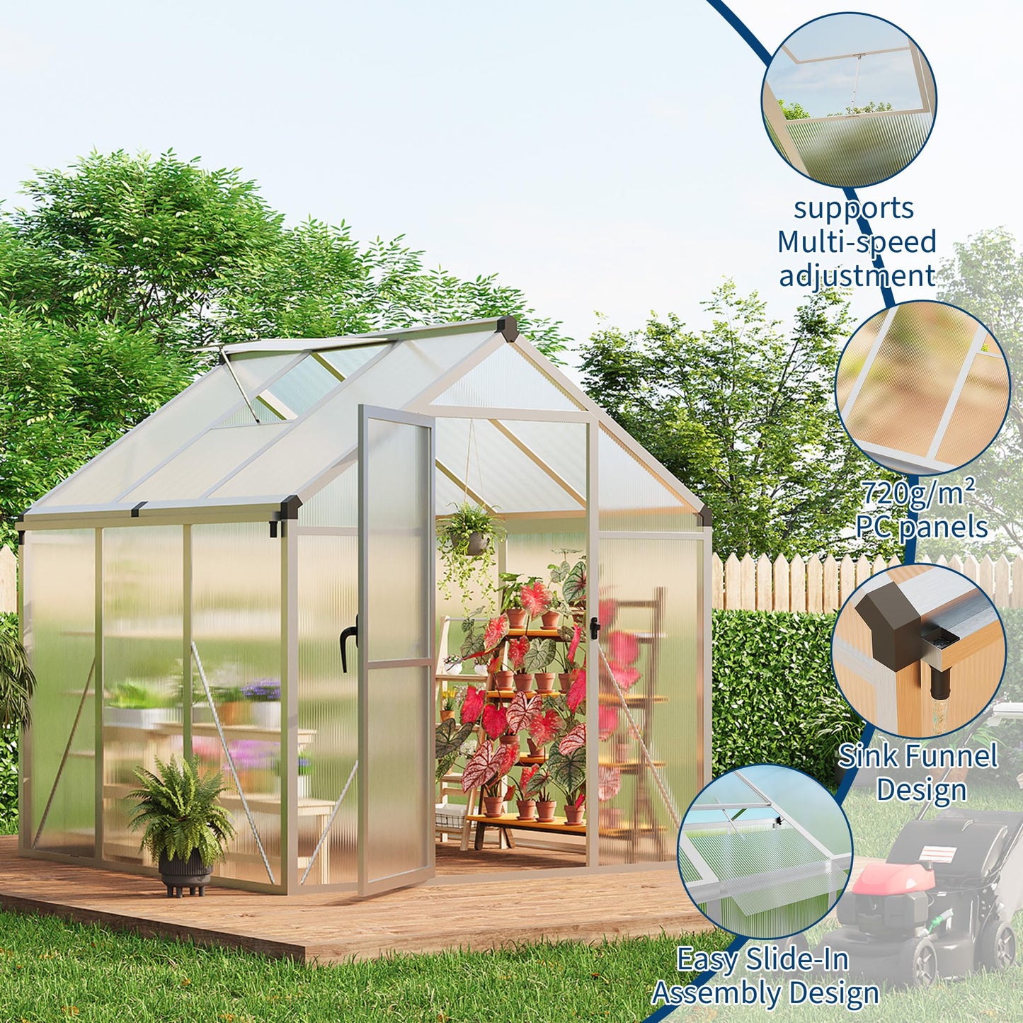 6×6 FT Greenhouse, Large Walk in Greenhouses for Outdoors and Garden Planting, Polycarbonate Greenhouse with Enhanced Aluminum Frame, Green Houses with Quick Setup Structure and Roof Vent, Silver