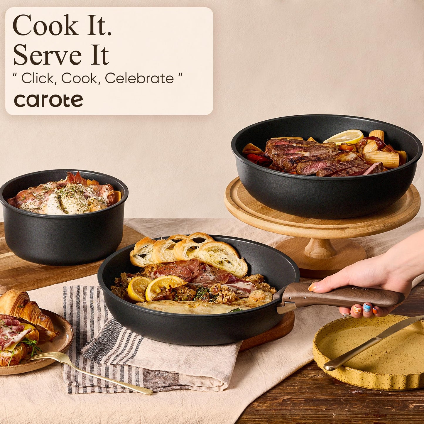 CAROTE 19pcs Pots and Pans Non Stick, Cookware Sets Detachable Handle, Induction Kitchen Pots and Pans,NonStick Cooking Set, Oven/Dishwasher/Fridge Safe, Space Saving