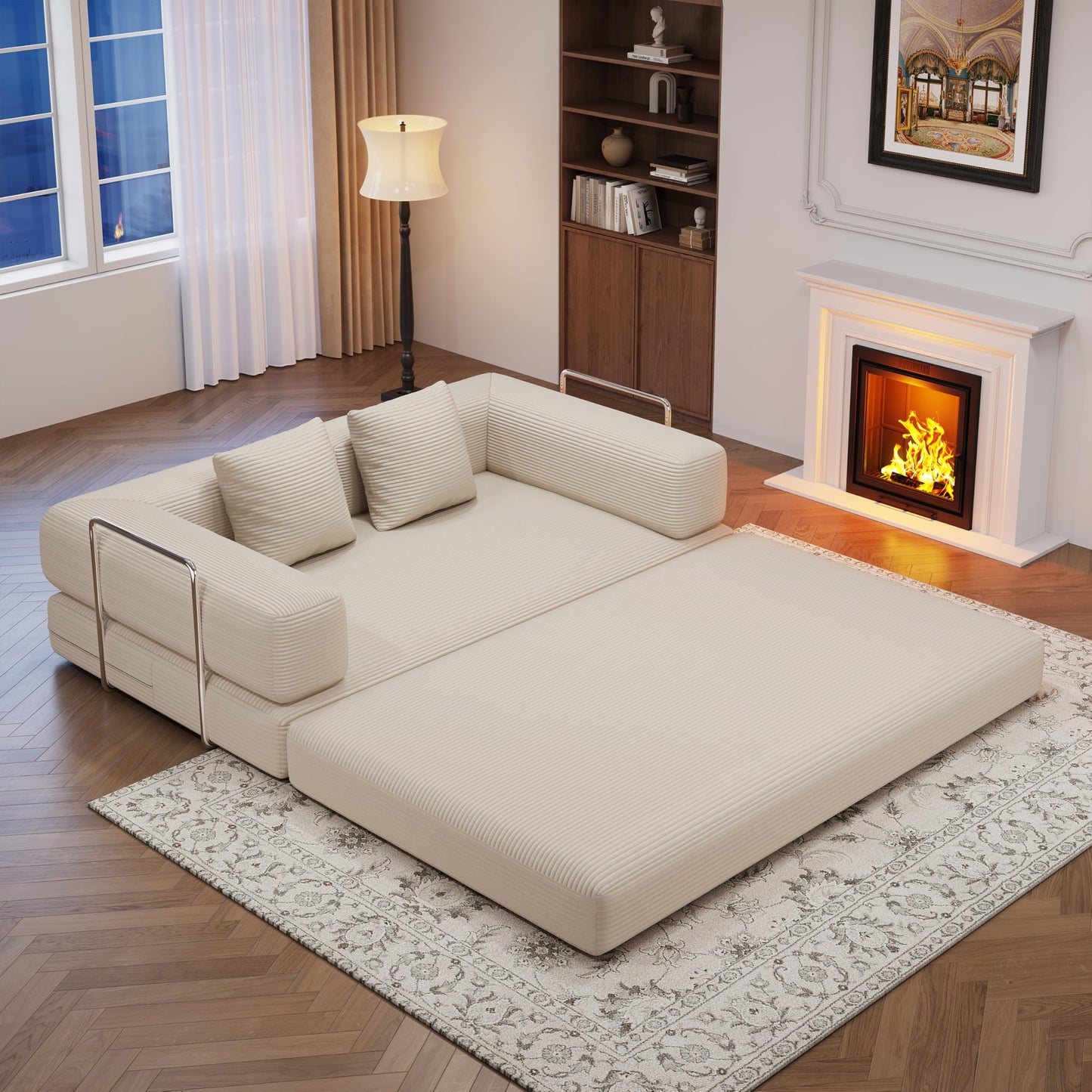 BSHOMGI Folding Sofa Bed, 4 in 1 Convertible Sofas to Lounger Comfy Floor Portable Foldable Sleeper Lazy Futon Couch Chair for Bedroom, Living Room (Beige, 59” 2 Seat)