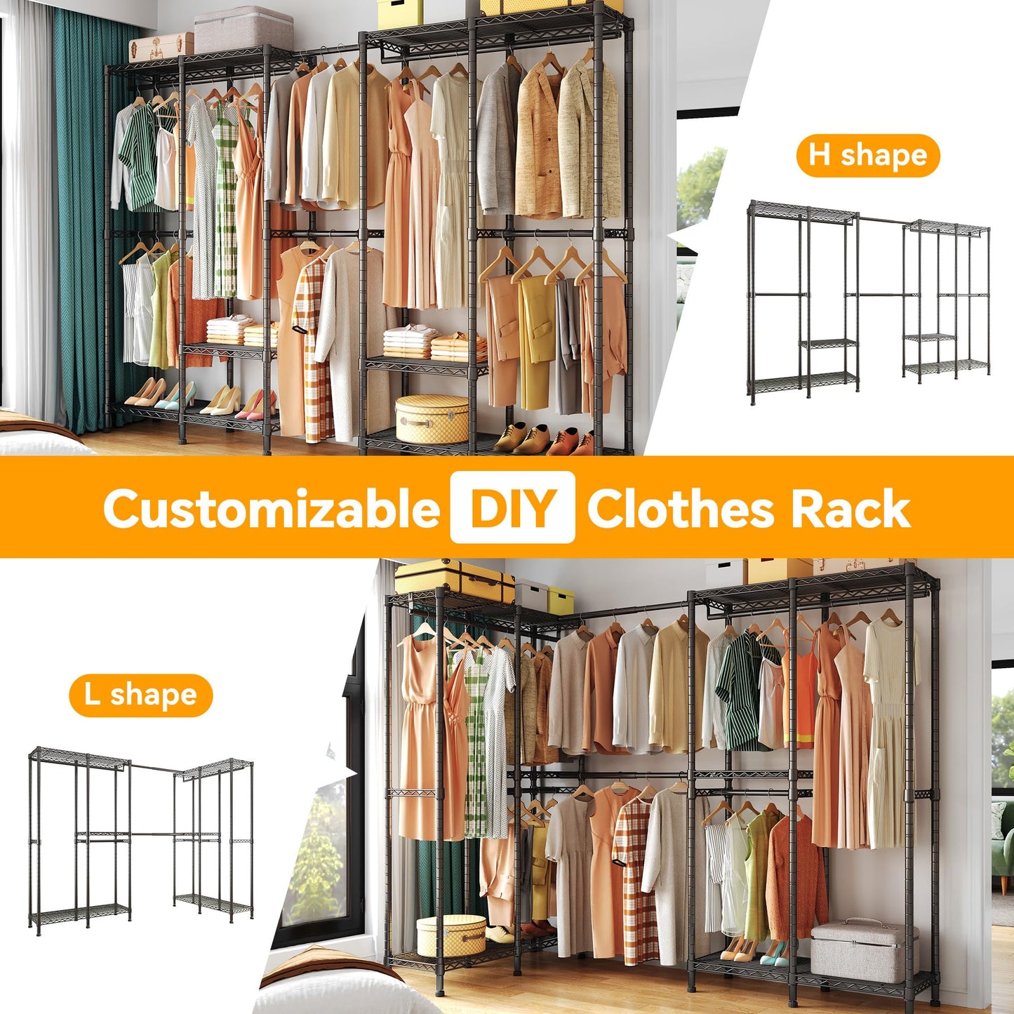 Higeego H5 Pro Heavy Duty Garment Rack, Freestanding Clothes Rack, Wardrobe Closet for Hanging Clothes, Portable Closet Organizer with Expandable Hanger Rods, (97.7-115.4")L x 15.7"W x 75.4"H, Black