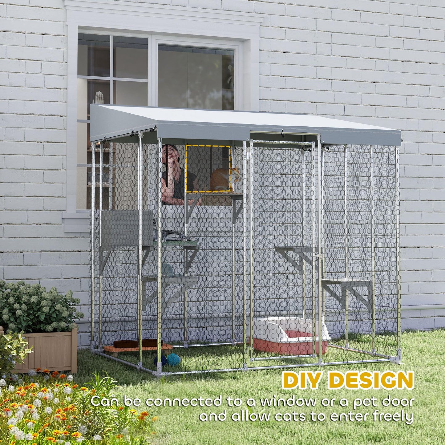 PawHut Catio Outdoor Cat Enclosure, 79" Large Walk-in Cat House with Waterproof Cover, Resting Box, 5 Jumping Platforms, Chicken Run Coop, Rabbit Hutch, Feral Cat Shelter Sloped Roof