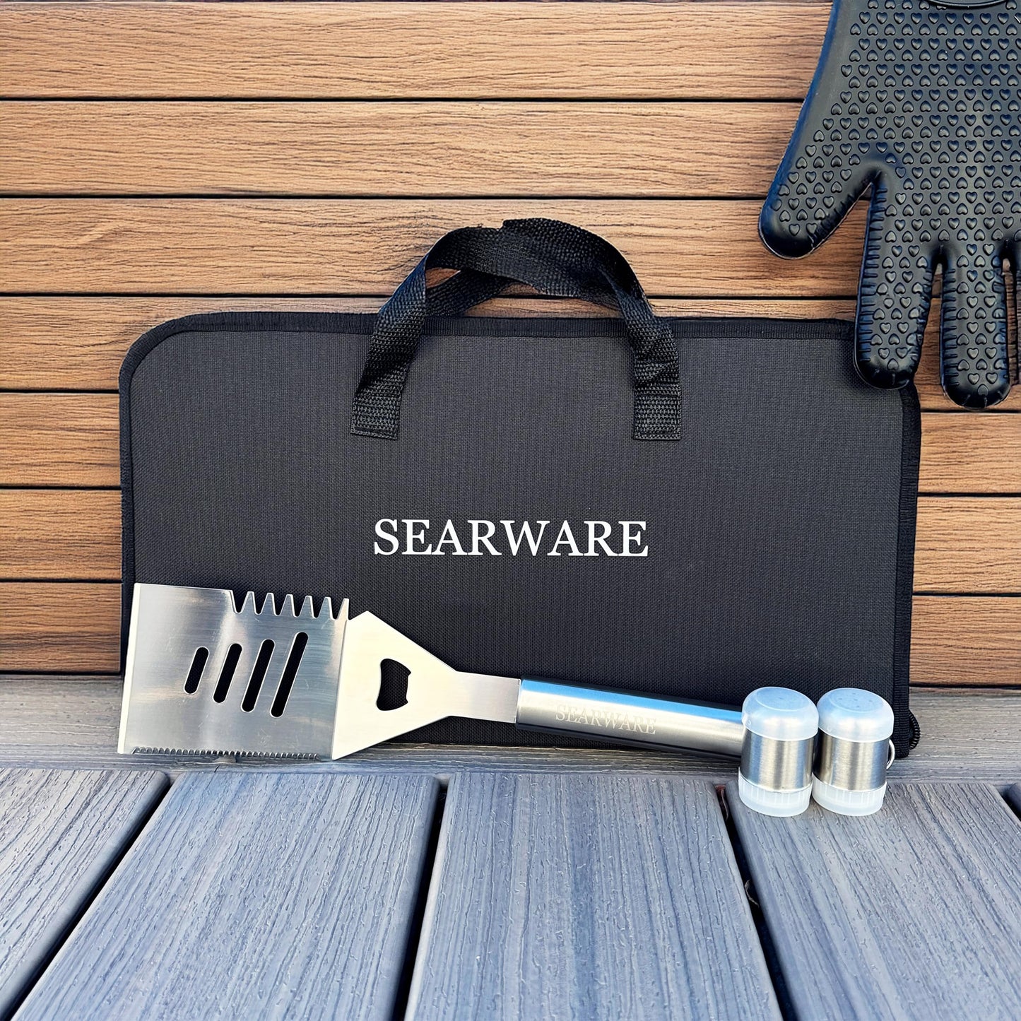 SEARWARE Barbecue Grill Tool Set - Stainless Steel - Strong Durable Design - Heat Resistant Glove & Bristle Free Grill Brush - Thermometer, Meat Injector, & Corn Skewers - Perfect For Smokers & Grills