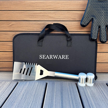 SEARWARE Barbecue Grill Tool Set - Stainless Steel - Strong Durable Design - Heat Resistant Glove & Bristle Free Grill Brush - Thermometer, Meat Injector, & Corn Skewers - Perfect For Smokers & Grills