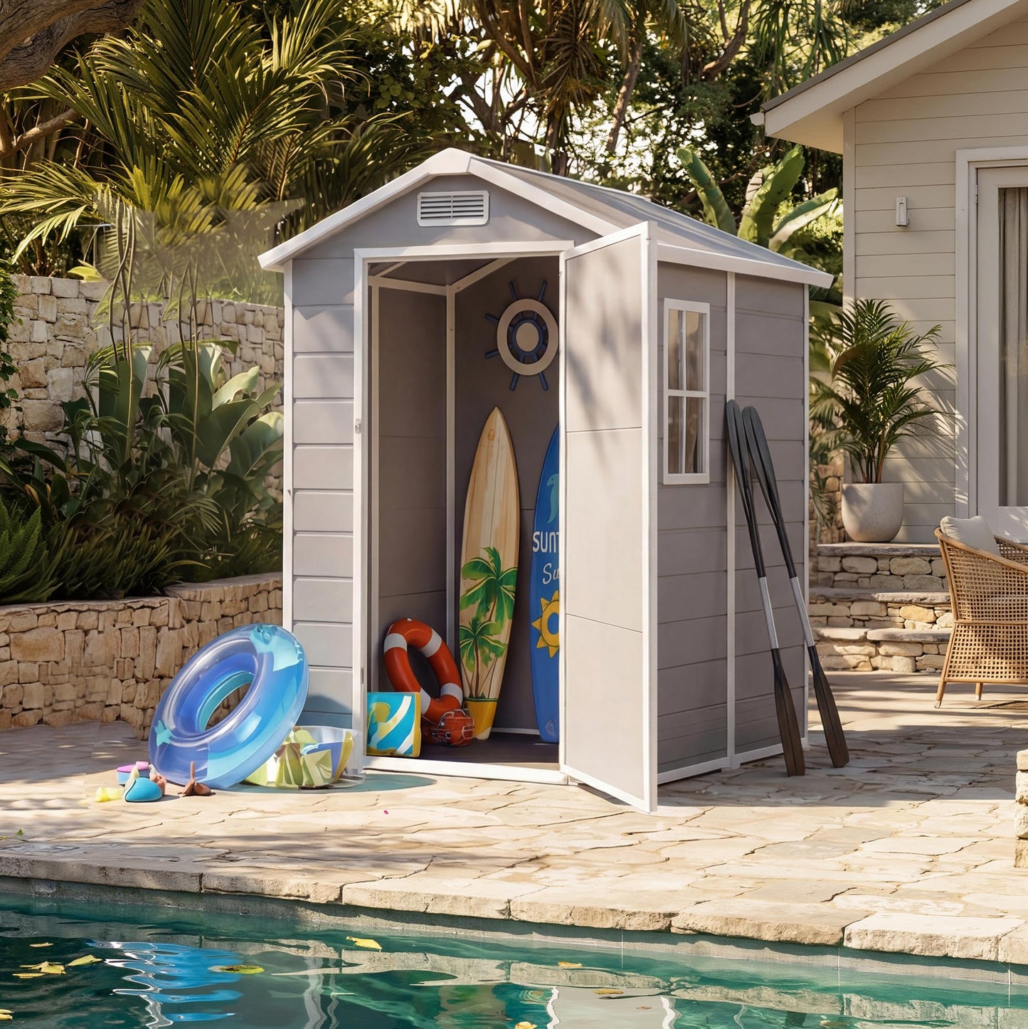 4x6 ft Outdoor Resin Storage Shed with Floor, Lockable Door & Window, Sloping Roof, Plastic Outdoor Sheds with Floor Garden Shed for Backyard Patio Lawn Mower Bike Tool Storage