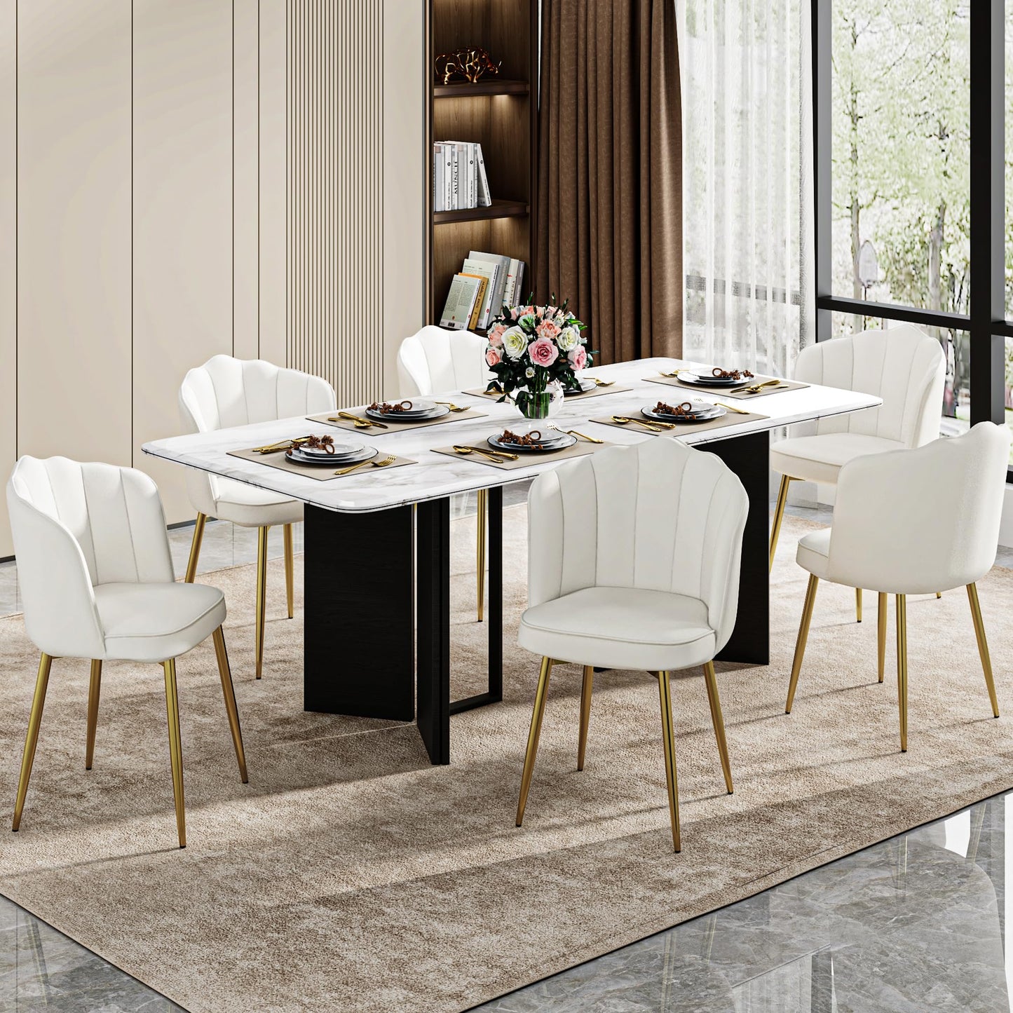 VECELO Velvet Dining Chairs Set of 6, Modern Upholstered Kitchen Chairs with Thick Cushions, Curved Padded Backrest and Metal Legs, for Kitchen, Dining Room, Living Room, White