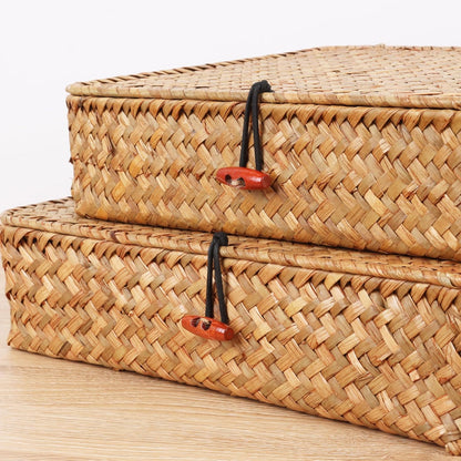 Moosky Wicker Shelf Baskets - Seagrass Storage Bins with Lids | Natural Set of 2 for Home Organization