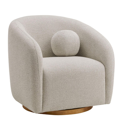 Modway Holland Curved Swivel Armchair in Dove Gray – Chenille Fabric Barrel Chair with Ball Throw Pillow and Wood Base – Mid-Century Modern Curved Living Room Accent Chair