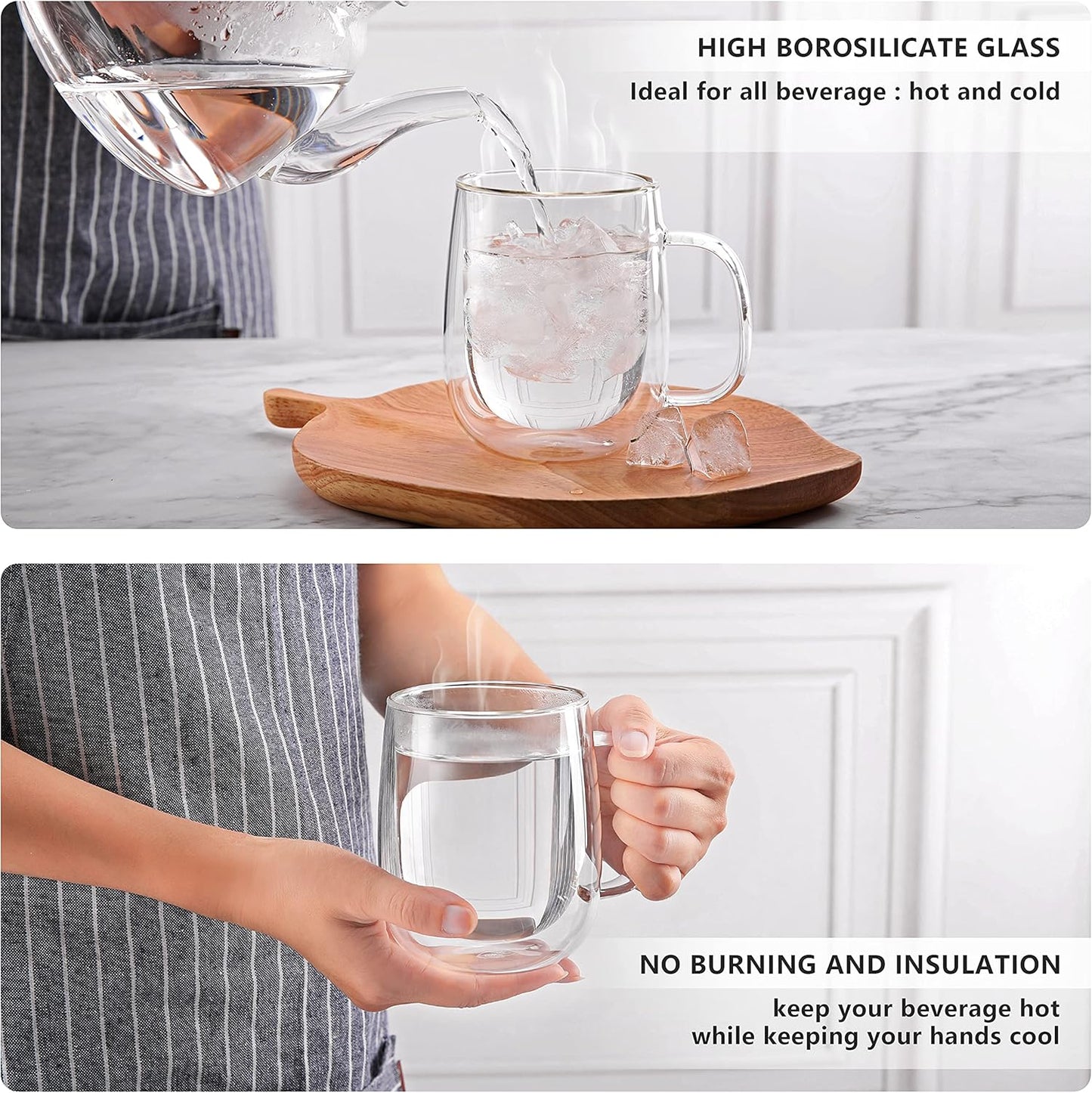15.2oz,Clear Beverages,set 4 CNGLASS Large Double Wall Glass Coffee Mug Insulated Glass Espresso Cup with Big