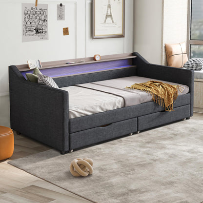 Ball & Cast Twin Size Daybed with Storage,Linen Upholstered Day Bed with 2 Drawers, Daybed Frame with USB Port and Smart LED Light,Wood Slat Support,No Box Spring Needed,Dark Grey