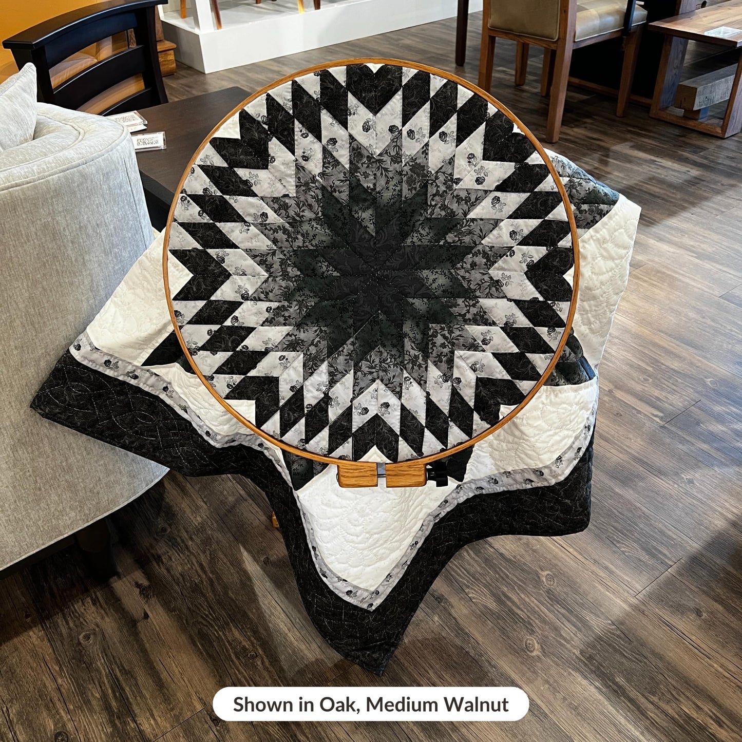 DutchCrafters Solid Oak Wood 22 Inch Round Extra Large Tilting Quilt Hoop with Stand, Quilting Frame for Hand Quilting - Amish Made in America (Medium Walnut)