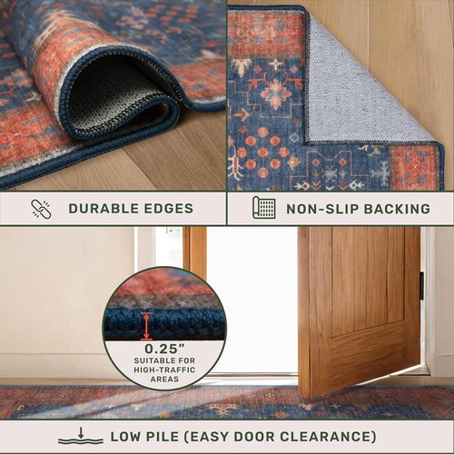 Hazo Haus Washable 2x4 Entry Rug - Non-Slip Rubber Backed Indoor Mat for Kitchen & Bathroom | Navy Blue Boho Décor
