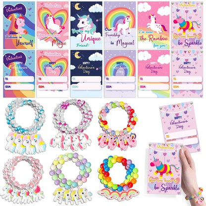 kortes Unicorn Valentines Day Cards for Kids Classroom, 24 Pack Valentines Gift Cards with Bead Bracelets, Valentine's Party Favors Toys for Girls and Valentine School Exchange Gifts Greeting Cards