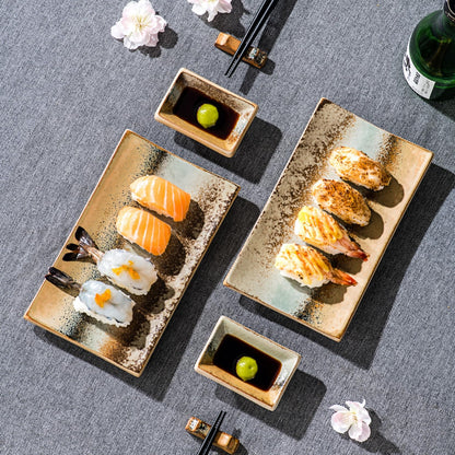 UNICASA Ceramic Sushi Plate Set 8 Piece, Japanese Style Sushi Serving Set for 2, Dishwasher & Microwave Safe, Include Sushi Plates, Sauce Dishes, Chopsticks & Holders, Light Brown