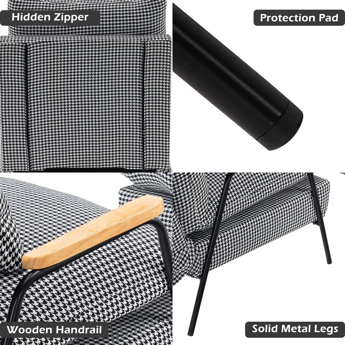 MCombo Accent Recliner Chair with Ottoman, Modern Fabric Armchair, Upholstered Sofa Bed for Living Room Bedroom, Small Space 4055 (Black Frame, Houndstooth)