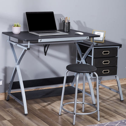 Adjustable Drafting Table for Artists with Stool, Sturdy X-Cross Metal Frame Drawing Table with Storage Drawers, Art Desk with Tilted Tabletop, Craft Station Writing Computer Desk, Black