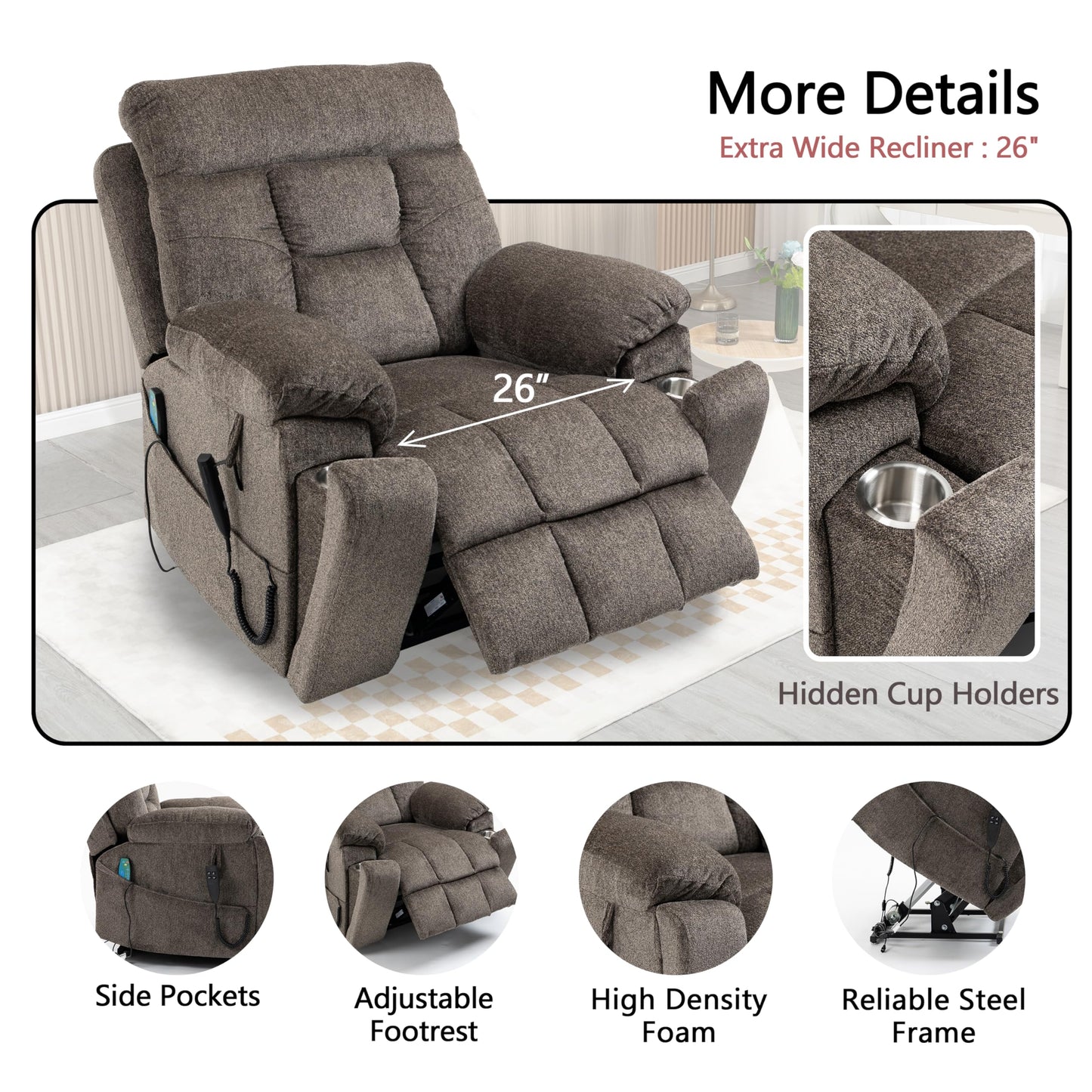 JIKFRIMA Dual Motor Power Lift Recliner Chair with Massage Heating for Adults Elderly, Electric Lift Chairs Lay Flat Recliners, Infinite Position, 2 Hidden Cup Holders