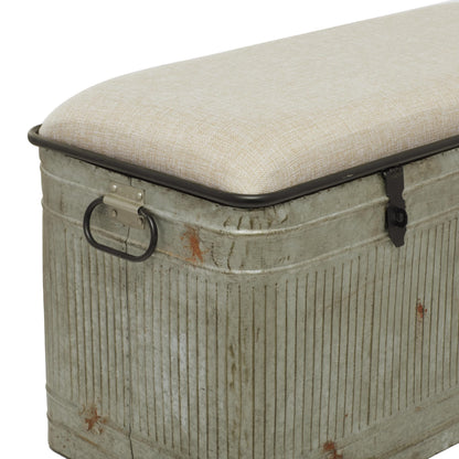 Deco 79 Metal Room Storage Bench Galvanized Entryway Bench with Cream Burlap Top and Black Latches, Bench 38" x 16" x 19", Gray