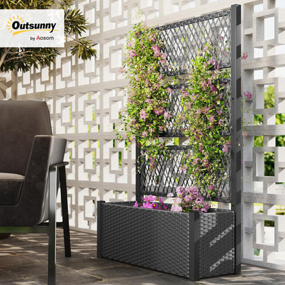 Outsunny Wicker Outdoor Planter with Trellis, 58" Standing Raised Garden Bed with Liner, Drainage Holes, Privacy Screen Planter Box for Climbing Plants, Flowers, Dark Grey