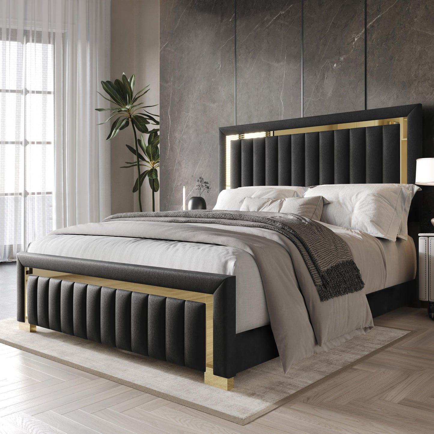 HOME DESIGN Olathe King Size Upholstered Panel Bed Frame, Vertical Channel Tufted Headboard with Gold Metal Accent, Velvet Fabric, Platform Design, Box Spring Required, Black