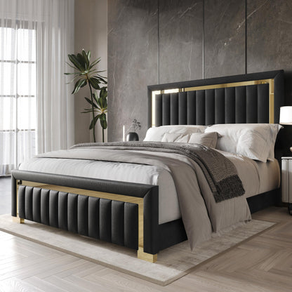 HOME DESIGN Olathe King Size Upholstered Panel Bed Frame, Vertical Channel Tufted Headboard with Gold Metal Accent, Velvet Fabric, Platform Design, Box Spring Required, Black