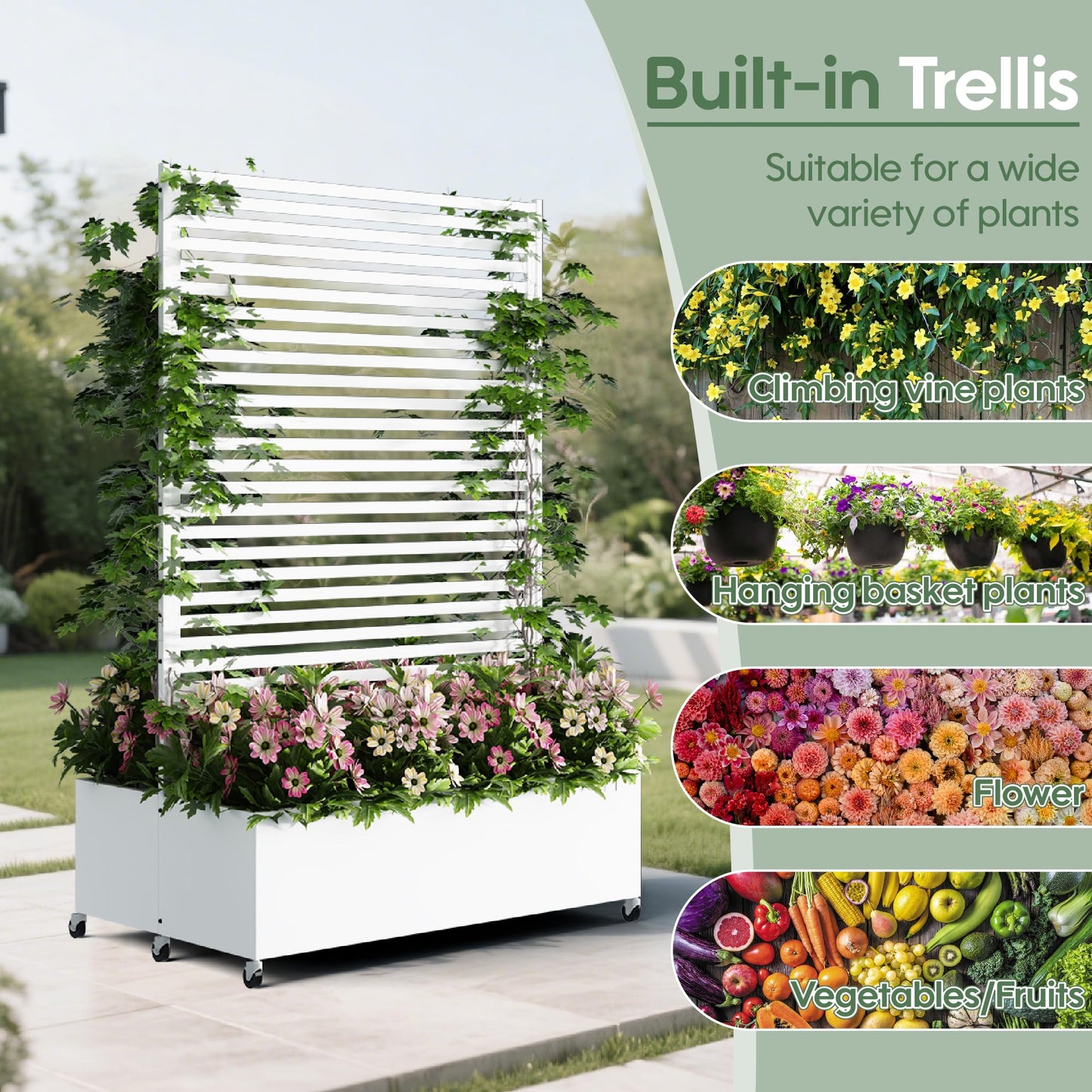 Sunnibety Double Metal Planter Box with Trellis Privacy Screen, Raised Garden Bed with Trellis & Wheels, Planter Box Outdoor with Drainage Holes for Climbing Plants, Vines,73"x 47"x 30", White