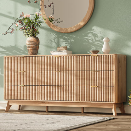 TROJM 63'' Wide 9 Drawers Dresser for Bedroom,Modern Fluted Vertical Chest with Rounded Corners,Fluted Dresser for Living Room,Hallway, Natural Wood