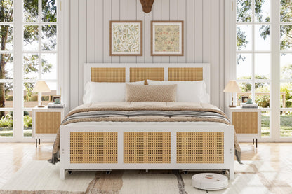 Garvee Rattan Queen Bed Frame with LED Headboard (7 Colors), Boho Cane Platform Bed with 4 Large Drawers, Strong Metal Slats Support, Noise Free, No Box Spring Needed, Easy Assembly, White