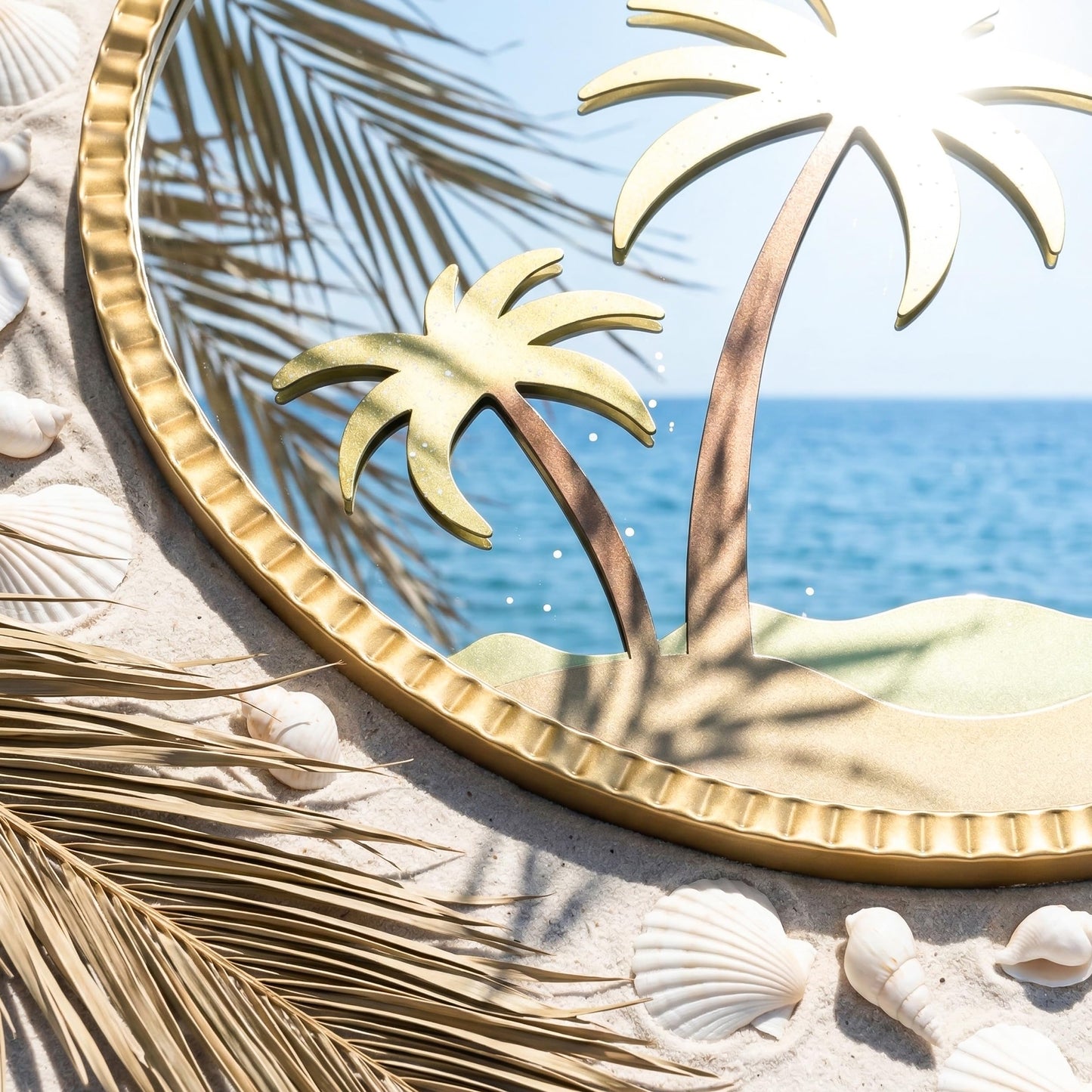 Kaleifaun Round Gold Wall Mirror 32" – Decorative Metal Frame Wall Mirror with Tropical Coconut Tree, Beaded Coastal Accent Mirror for Living Room, Bedroom, Bathroom, Beach House