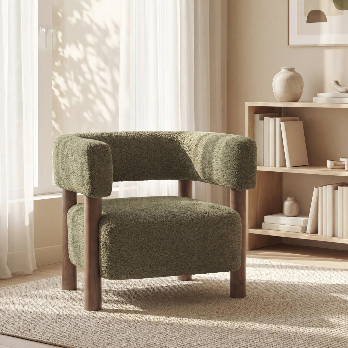 Merax Bouclé Upholstered Accent Arm Chair, Modern Lounge Armchair with Rubber Wood Legs and Foam Cushion, Comfortable Barrel Reading Chair for Living Room Bedroom, Olive Green/Walnut