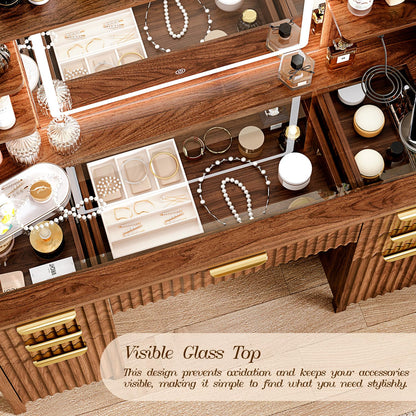 Vanity Desk with Large 27.2" Mirror and Lights 47.2" Fluted Makeup, 5 Drawer Vanity with Power Strip, 4 Open Shelves, 2 Cabinet, Modern Bedroom Vanity Featuring Visual Transparent Glass. Brown