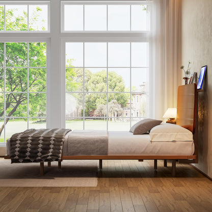 KEIKI Queen Size Bamboo Platform Bed with Headboard and USB Ports, Mid-Century Modern Floating Bed Frame with Solid Support Slats, No Box Spring Needed, Easy Assembly, Noise Free, for Bedroom, Brown
