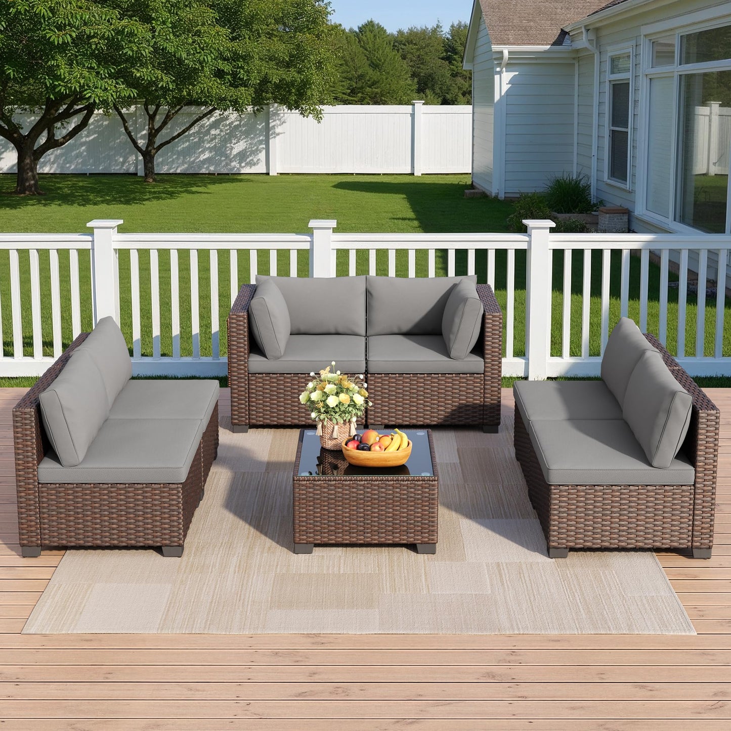Qsun 7 Pieces Outdoor Patio Furniture Set, PE Rattan Outdoor Wicker Sectional Furniture Sofa Set, with Cushions and Glass Coffee Table, for Balcony, Porch, Garden, Grey