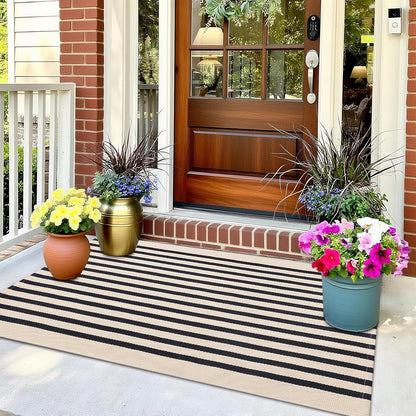OLANLY Striped Rug - Washable Beige and Black Cotton Doormat | 2'4" x 3'7" for Indoor/Outdoor Use