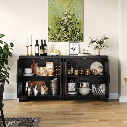 Farmhouse Large Sideboard Buffet with Natural Rattan Doors, 4-Door Storage Cabinet for Kitchen, Living Room, or Entryway, Spacious Storage Solution, Rustic Accent Cabinet for Home Organization
