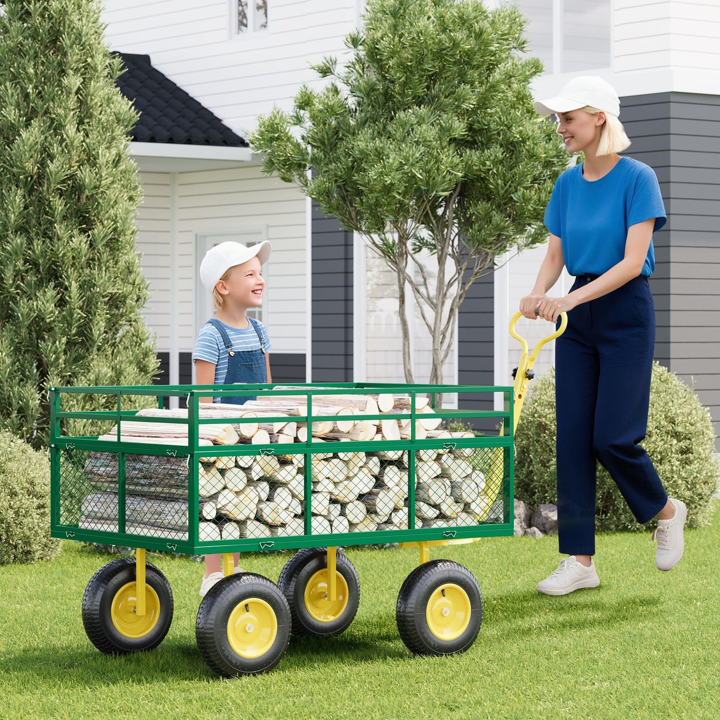 1400 Lbs Load Capacity Garden Cart, Metal Multi-Function Heavy-Duty Steel Garden Wagon, 3-in-1 Cart with 13 Inch All-Terrain Tires and Removable Mesh Side Panels, 180° Rotating Handle, Outdoor Gardens