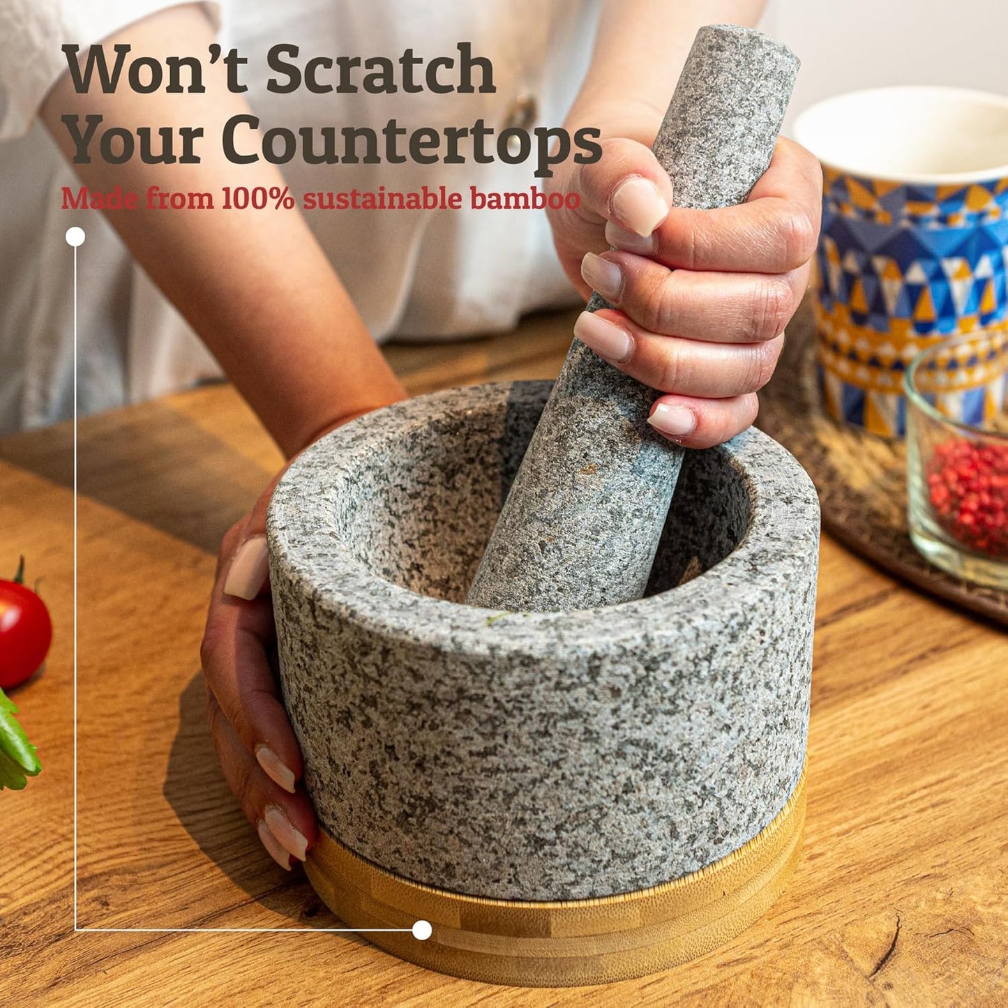 Heavy Duty Mortar and Pestle Set with Bamboo Base, Large 2 Cups Natural Granite Bowl for Guacamole and Masher