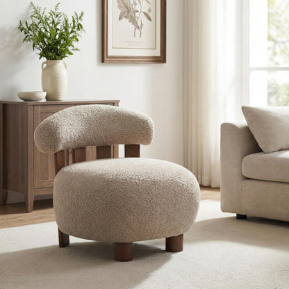 Merax Boucle Fabric Accent Chair, Modern Upholstered Barrel Armlesschair with Wooden Legs, Comfy Lounge Chair for Living Room Bedroom Office, Soft Reading Chair, Light Brown