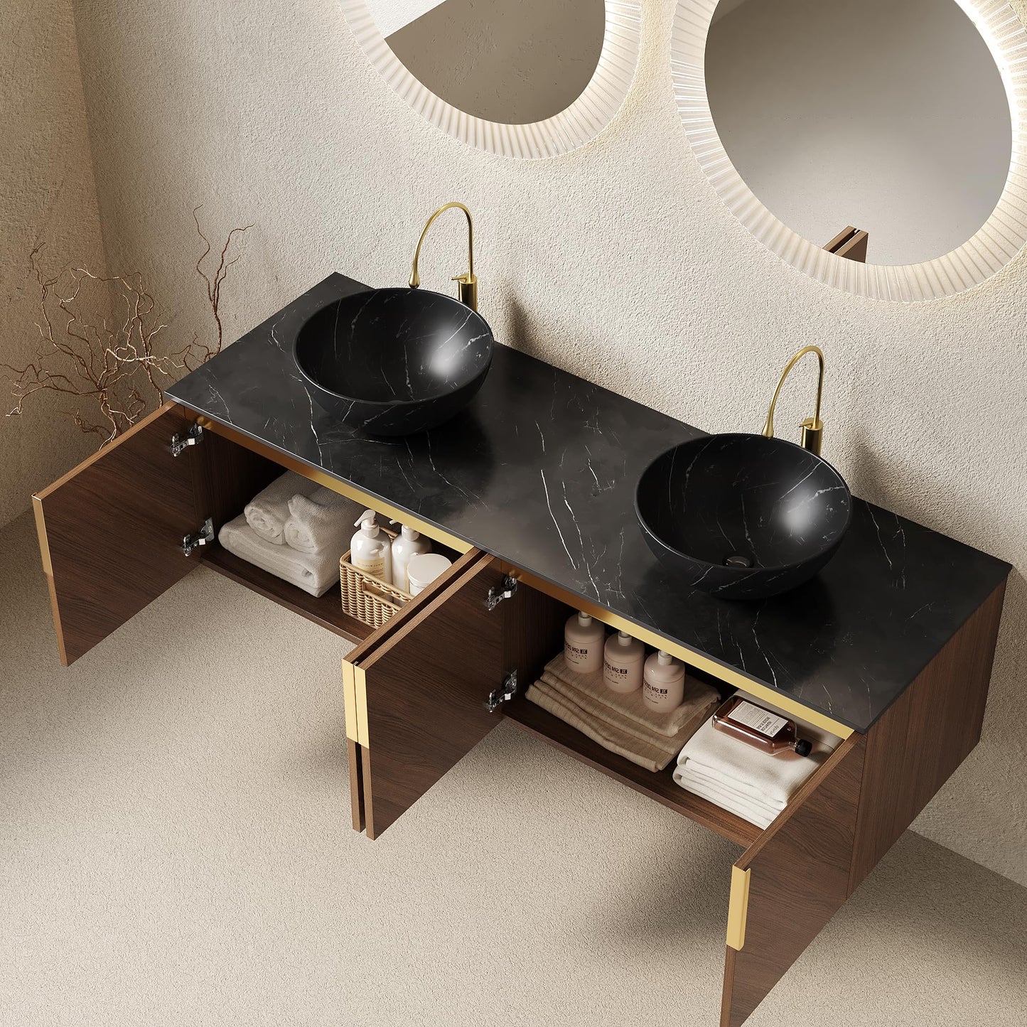 KEIKI 60 Inch Floating Bathroom Vanity with Sink, Modern Wall Mounted Storage Cabinet with 2 Soft Close Doors, Sintered Stone Top & Ceramic Basin Combo Set, Brown Oak & Black