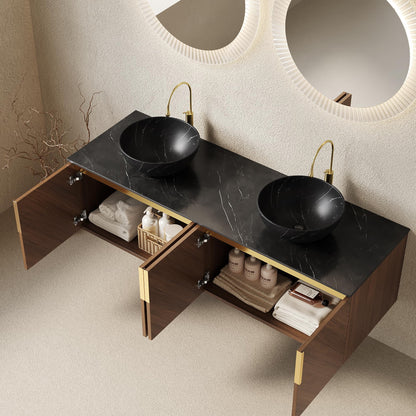 KEIKI 60 Inch Floating Bathroom Vanity with Sink, Modern Wall Mounted Storage Cabinet with 2 Soft Close Doors, Sintered Stone Top & Ceramic Basin Combo Set, Brown Oak & Black