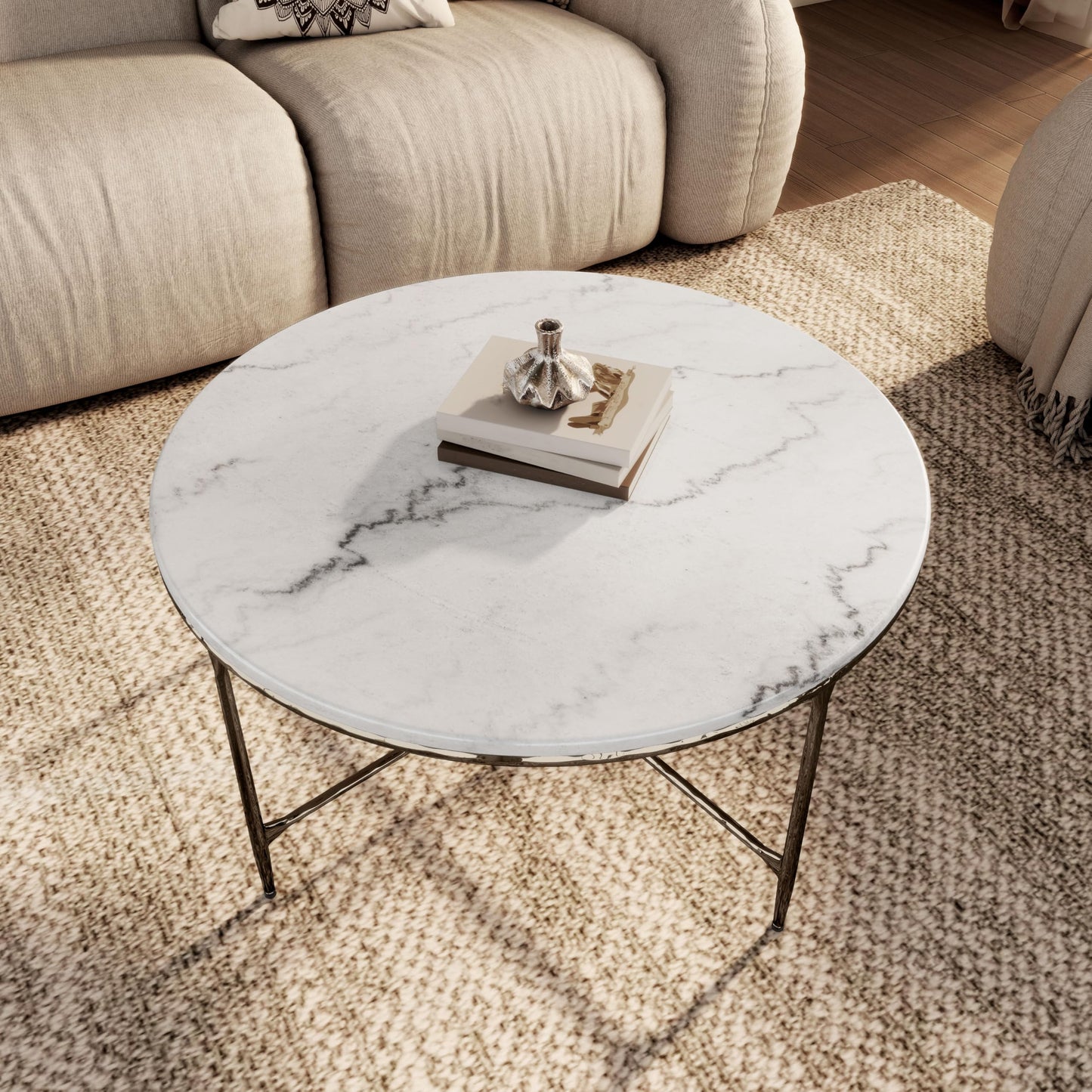 24/7 Shop at Home Aureum Modern 35-inch Round Marble Top Coffee Table with X-Brace, Hammered Dark Bronze Metal Frame for Living Room, Office, White