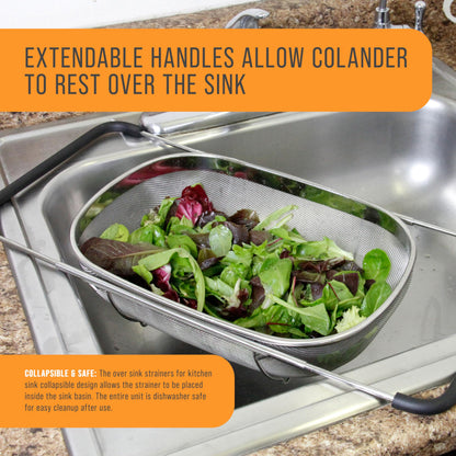 U.S. Kitchen Supply Stainless Steel Colander Strainer - 6-Quart Collapsible Colander with Expandable Rubber Handles - Rectangular Sieve, Fine Mesh Stainless Steel Strainers and Colanders for Kitchen