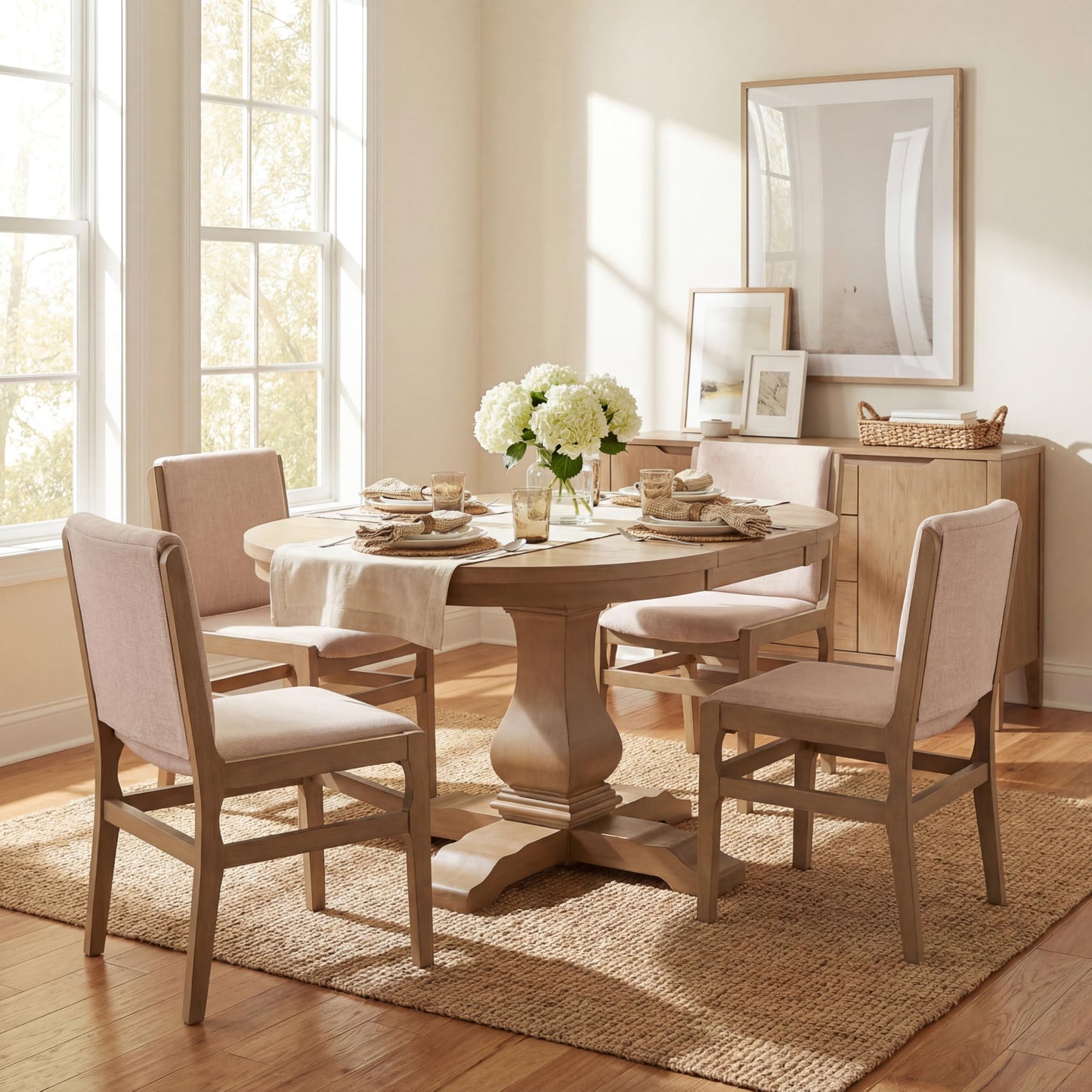 Christopher Knight Home Dash Rubber Wood Dining Chairs Set of 4, Modern Upholstered Dining Chairs, Armless Kitchen Chairs, Dining Room Living Room Accent Chair for Extra Seat, Light Natural+Beige