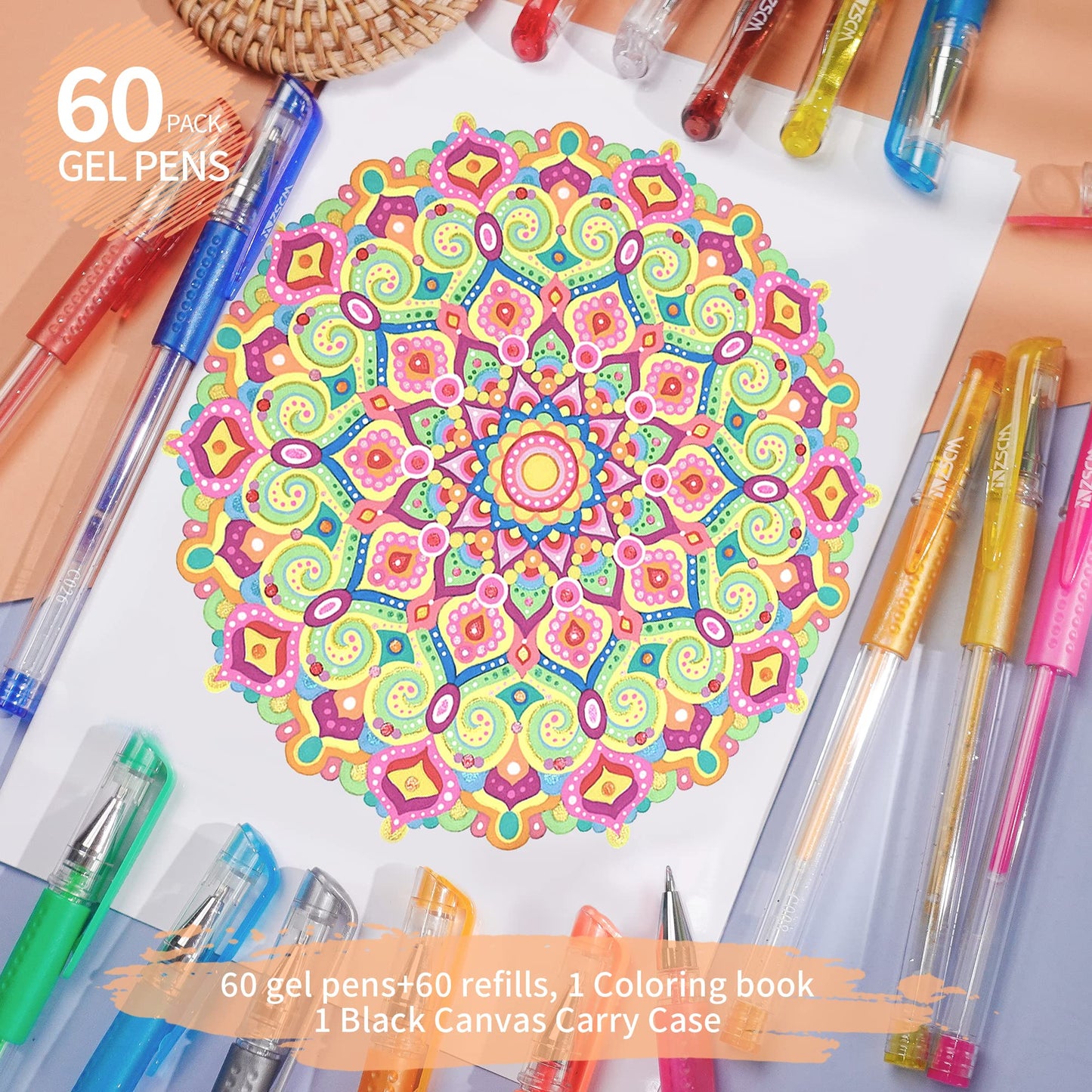 120 Pack Glitter Gel Pens Set, ZSCM 60 Colors Pens Include 48 Glitter Pens, 12Classic Pen With 60 Matching Color Refills, Canvas Bag For Adults Coloring Books Drawing Journaling Scrapbook