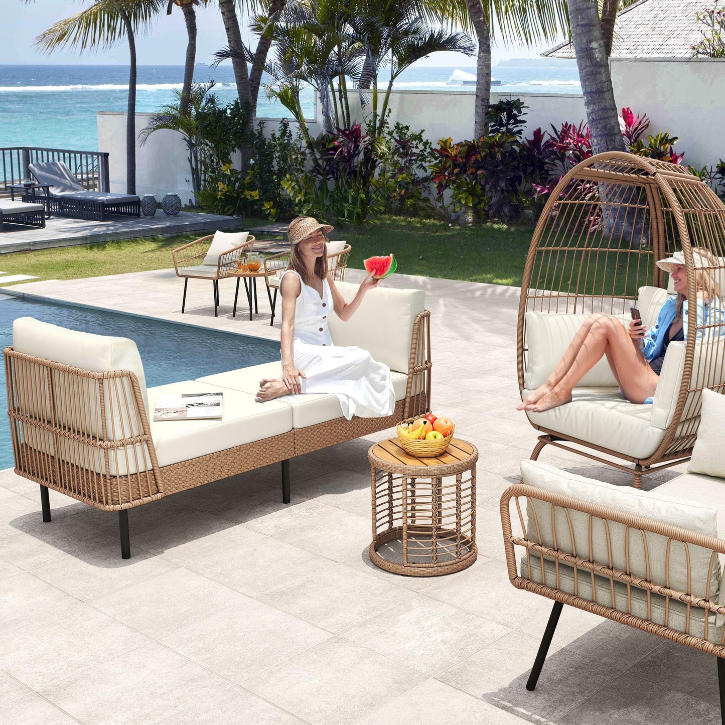 YITAHOME Wicker Outdoor Chaise Lounge, Oversized Patio Love Sofa, 74 Length Outdoor Indoor Upholstered Sofa Recliner Daybed with Thickness Cushion Indoor Lounger for Balcony Garden Pool - Beige