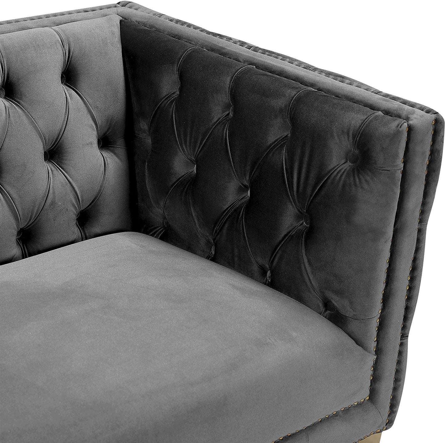 Meridian Furniture 652Grey-C Michelle Collection Modern | Contemporary Chair with Deep Button Tufting, Gold Nailhead Trim and Sturdy Gold Iron Legs, Grey Velvet, 44" W x 34" D x 30" H